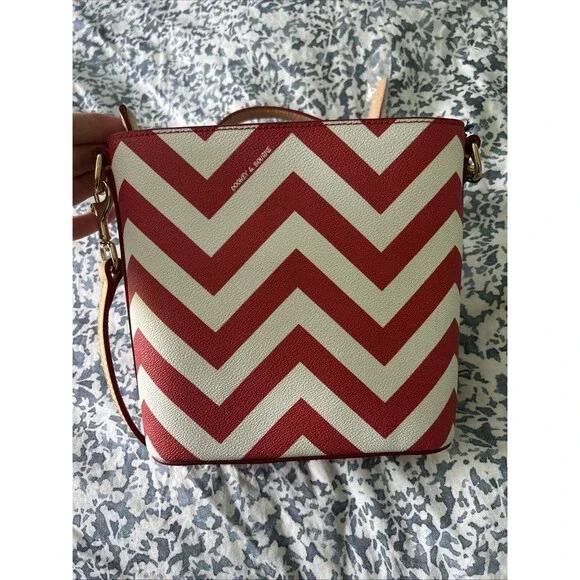 Dooney & Bourke Coated Cotton Chevron Small Zip Crossbody - Red & White - Picture 5 of 6